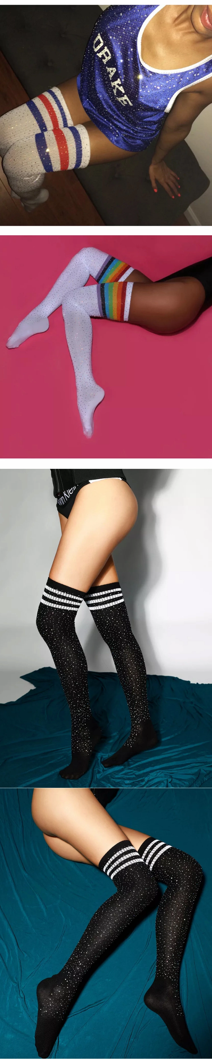 Sexy Hot Drilling Over The Knee Socks Striped Women′s Long Tube Socks with Diamond European and American High Tube Socks